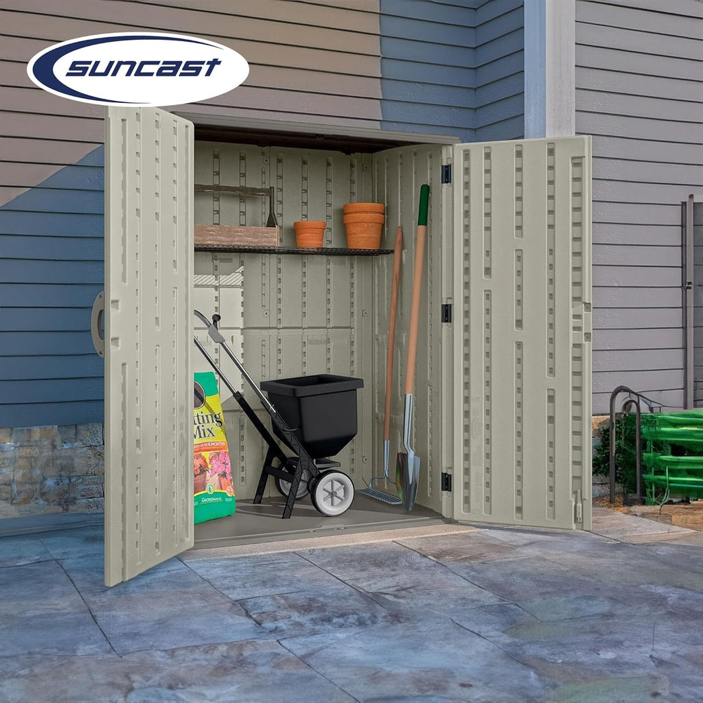 Suncast Outdoor Storage Shed  Water Resistant Resin Vertical Outdoor Storage Cabinet for Patio  Garden Tools  Cushions  & Equipment  Weatherproof Multi-Wall Design  54 cu. ft.  Made in USA