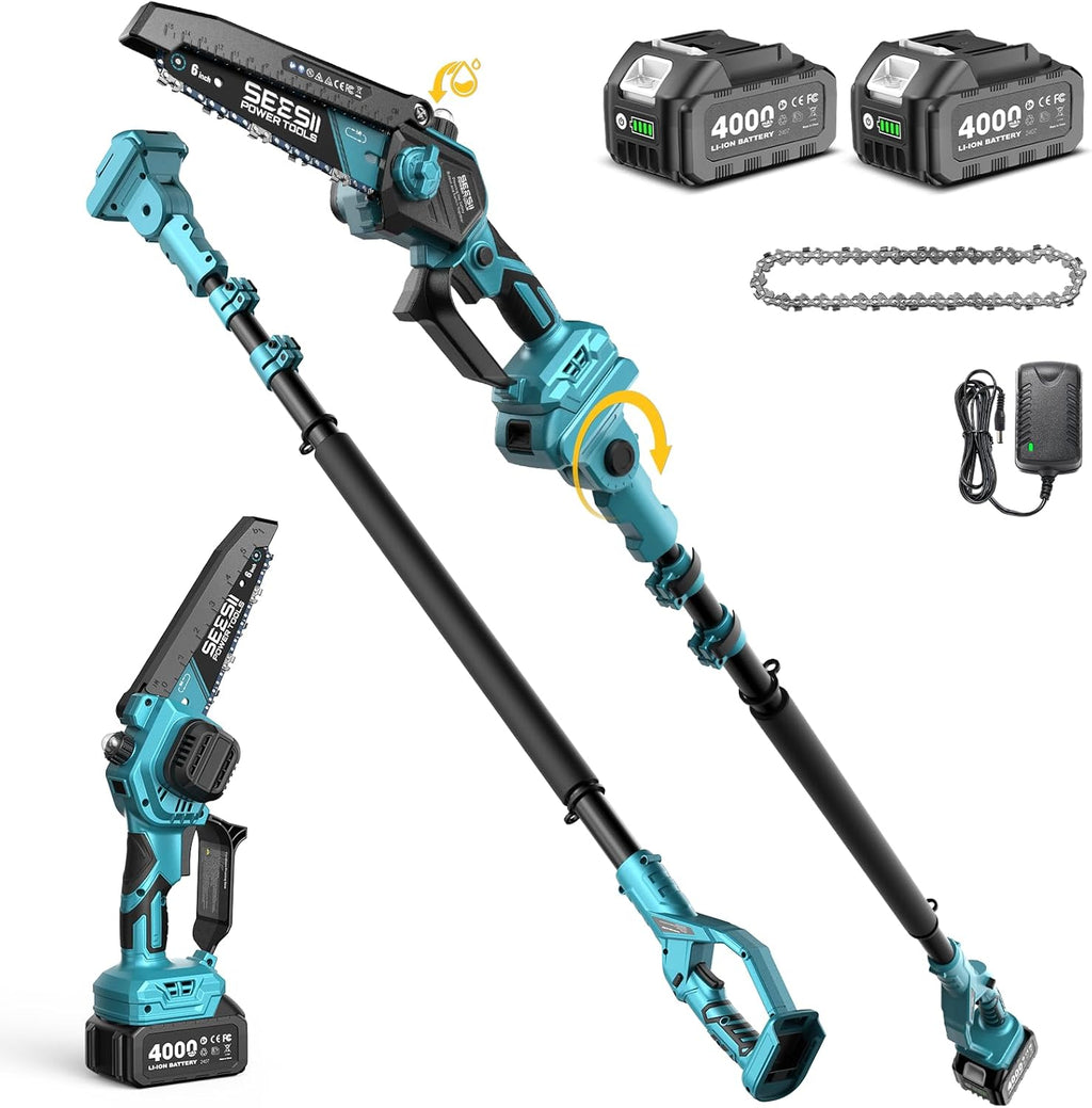SEESII 2-in-1 Electric Pole Saws: Brushless Mini Chainsaw Cordless 6 Inch  2 x 4000mAh Batteries  Pole Saw for Tree Trimming Hand held Chain Saw with Extension Pole for Tree Limb Branch Cutter P6 Ace