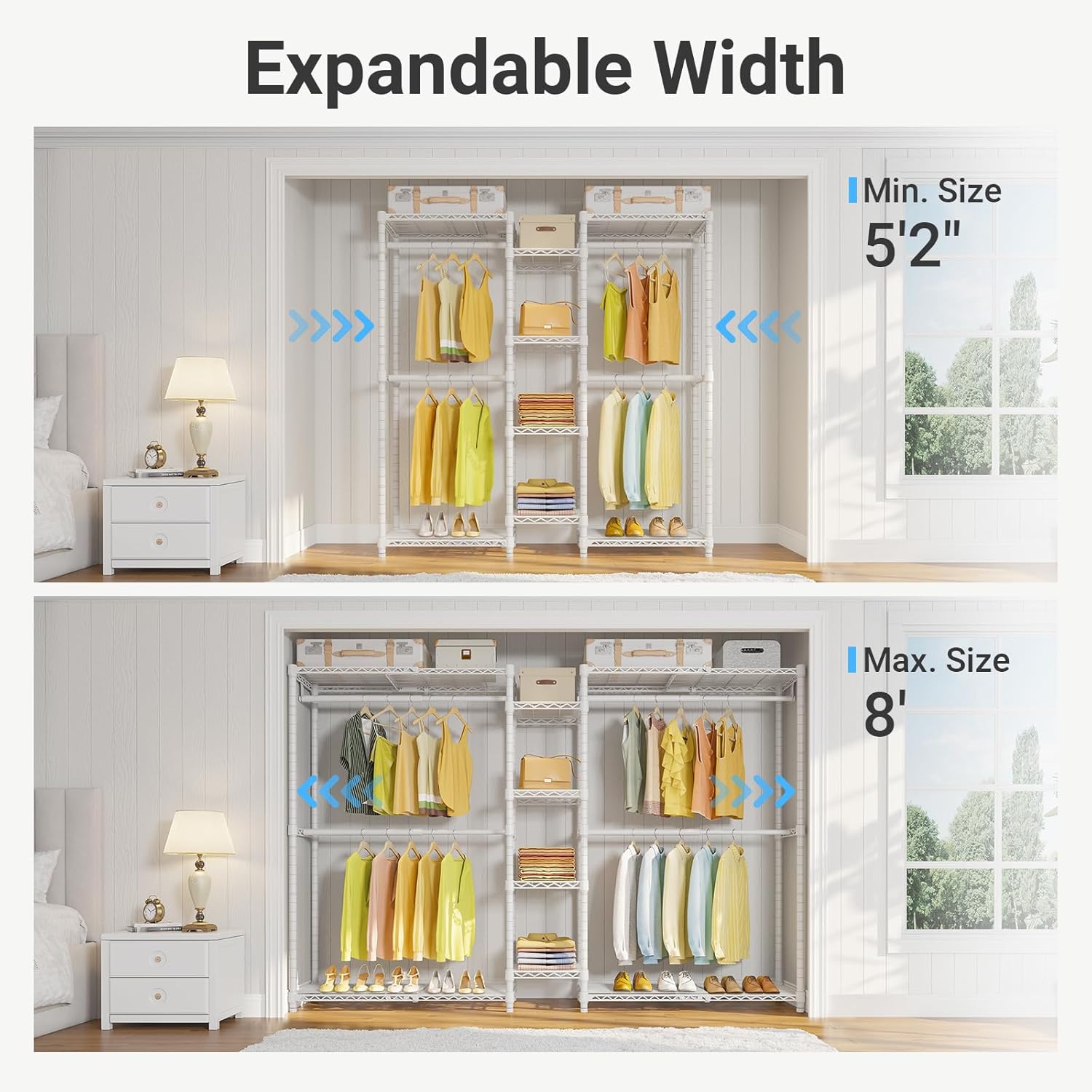VIPEK X3 Expandable Heavy Duty Clothes Rack Adjustable from 5'2" to 8' with Flexible Shelves and Hanger Rods, Large Freestanding Clothing Racks for Hanging Clothes, Max Load 1210LBS, White