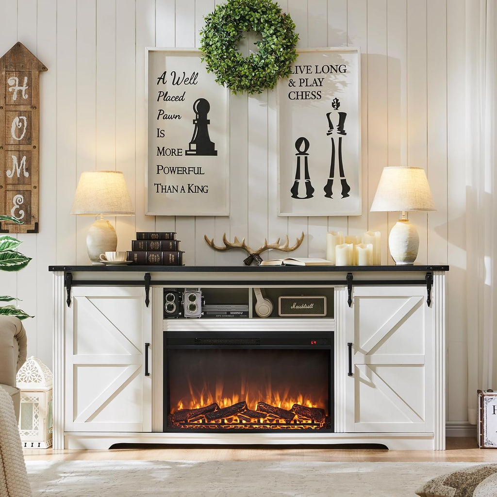 JXQTLINGMU Farmhouse Fireplace TV Stand for 80 Inch TV, 32" Tall Entertainment Center w/Drawer & Sliding Barn Door, 70 Inch Highboy Media Console for Living Room, Off White