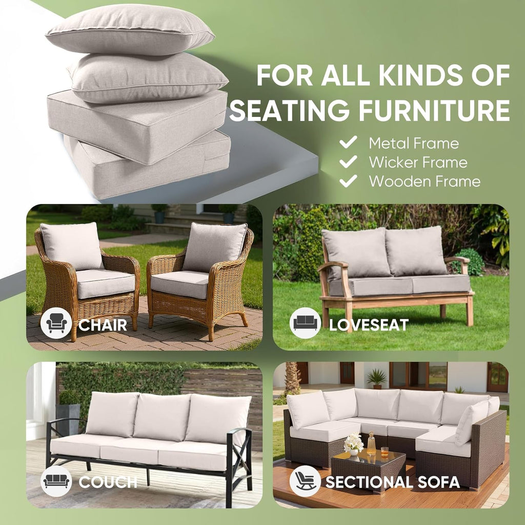 Outdoor Chair Cushions Set of 3  Waterproof 24x24 Patio Chair Cushion  6" Thickened Seat Cushion for Outdoor Furniture  Couch Cushion Replacement  Include 3 Back & 3 Seat Cushions  Thick/Beige