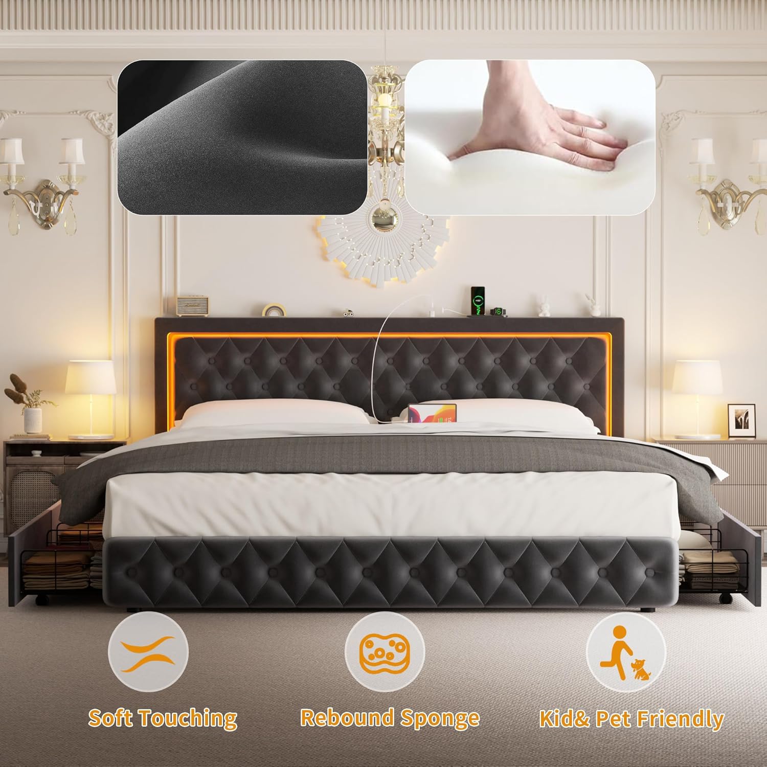 Queen Bed Frame with 4 Storage Drawers, Velvet Upholstered Bed Frame Queen Size with Charging Station and LED Lights, 46" Adjustable Button Tufted Headboard, No Box Spring Needed, Grey