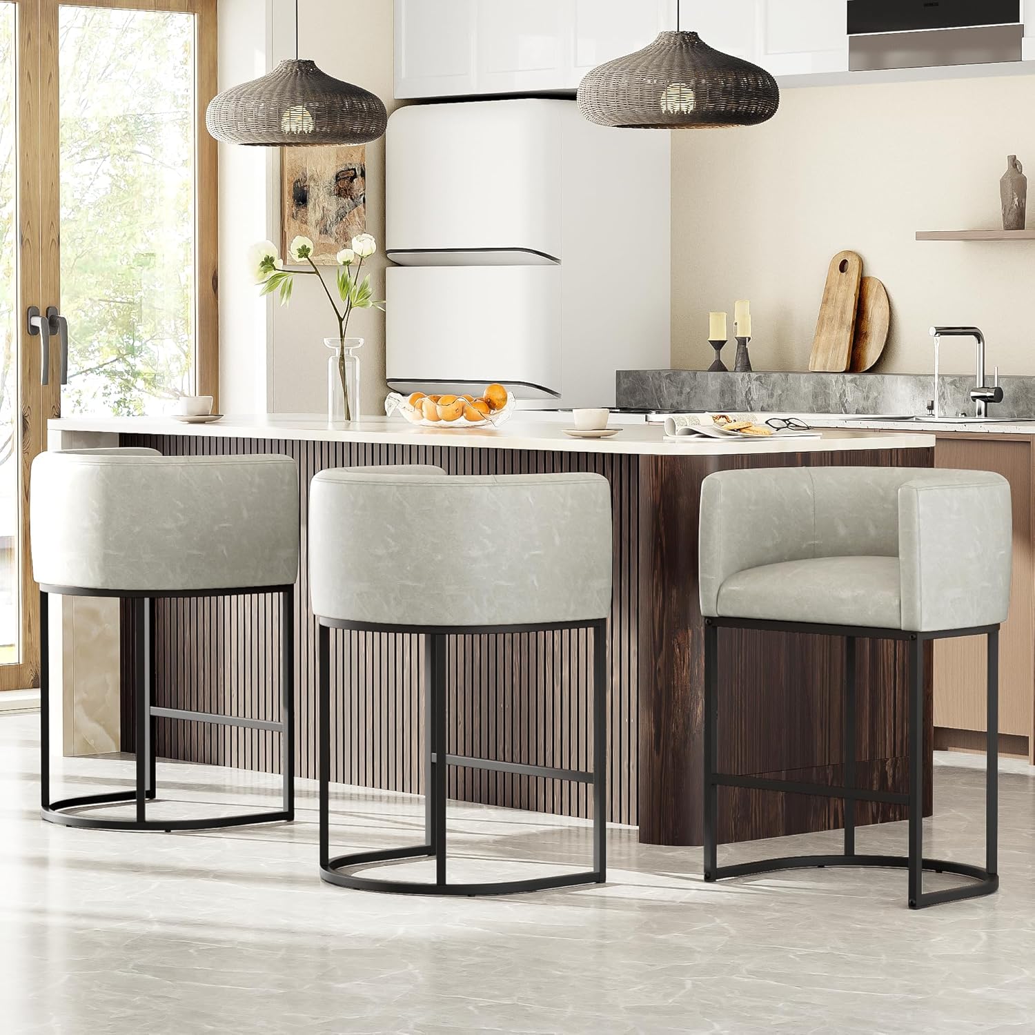 26" H Counter Height Bar Stools Set of 3, Modern Barrel Counter Stools with Backrest and Arms, Faux Leather Upholstered Accent Barstools for Kitchen Island,Support 450 LBS (Grayish White)