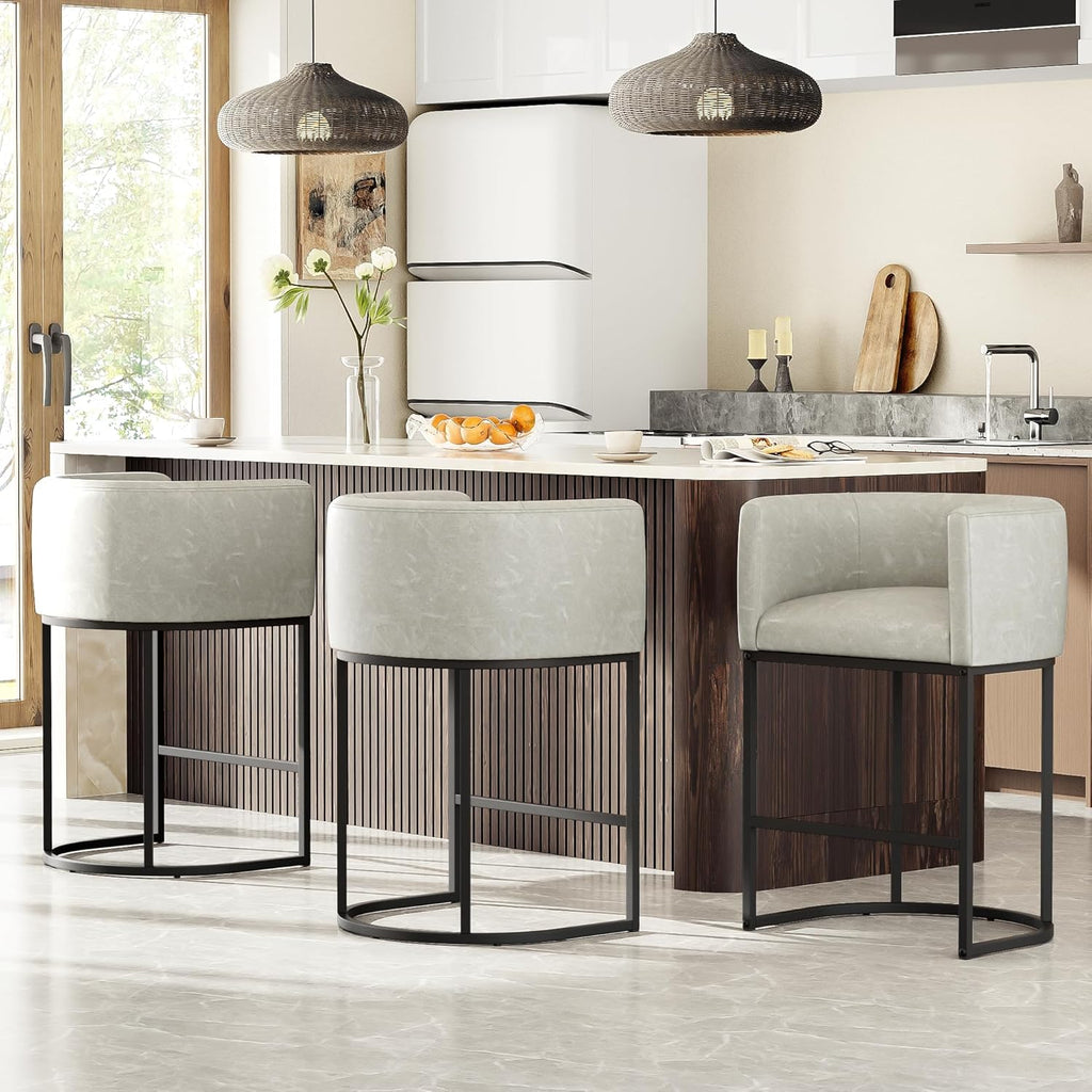 26" H Counter Height Bar Stools Set of 4, Modern Barrel Counter Stools with Backrest and Arms, Faux Leather Upholstered Accent Barstools for Kitchen Island,Support 450 LBS (Grayish White)