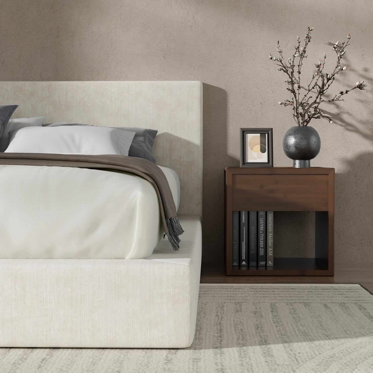 RECCI Cloud Upholstered Queen Bed Frame with Headboard, 5 Inch Foam Padded Platform, No Box Spring, Easy Assembly(Cream)