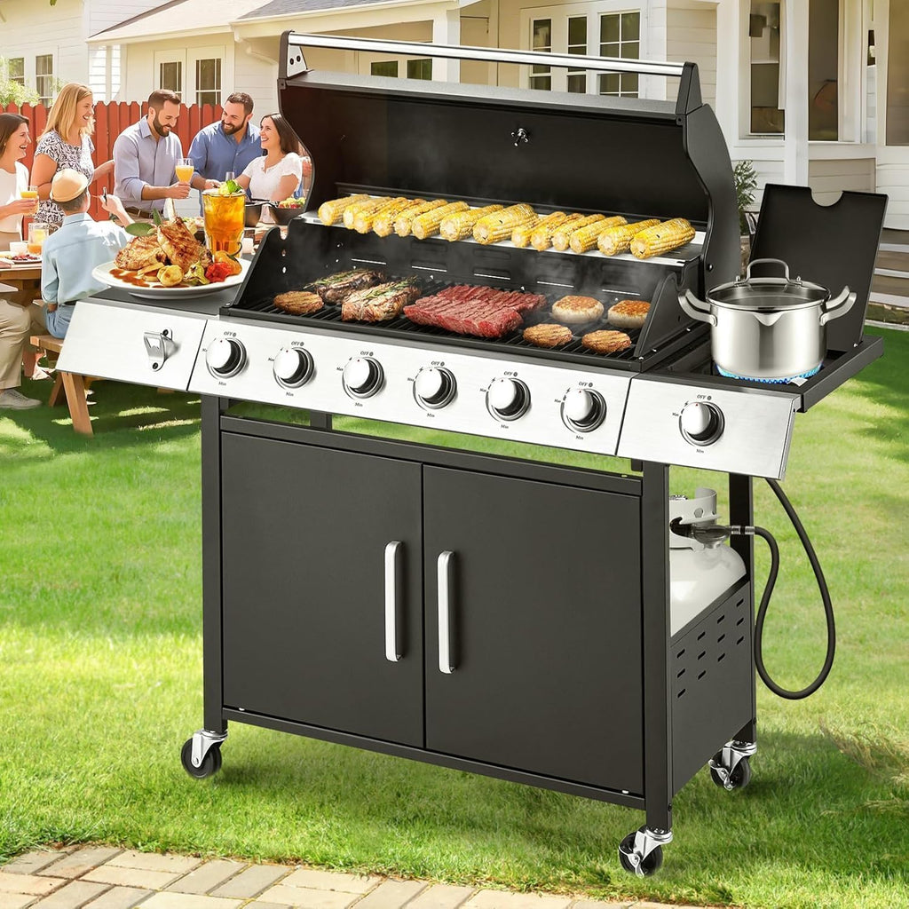 MELLCOM Upgraded 60 000 BTU Stainless Steel Burner Barbecue Grill  6 Burner BBQ Propane Gas Grill with Side Stove & Cast Iron Grates for Patio  Camping  Outdoor Cooking