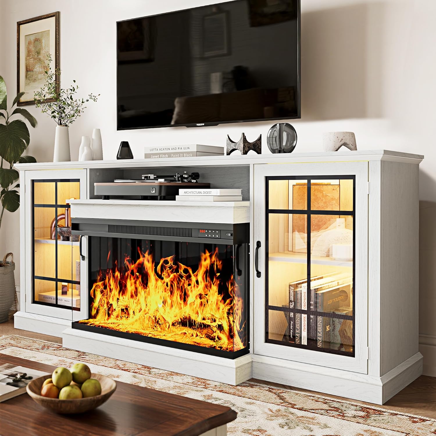 MXV 70'' Fireplace TV Stand, Farmhouse Entertainment Center with 3 Sided Glass TV Stand, Modern Media Console Table with Storage Drawers & Cabinets with LED Flame and Lights for Living Room, White