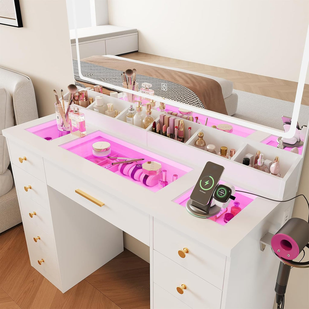 White Vanity Desk with Mirror and Lights,Glass Top Vanity Table with Power Outlet,Dressing Table with 11 RGB Drawers,3 Led Light Modes,Makeup Vanity Desk for Bedroom Women Girls