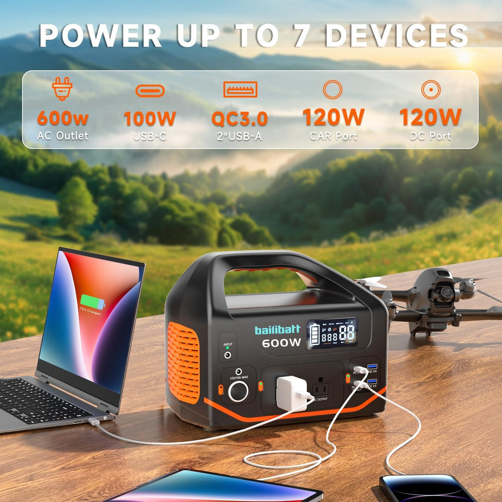 Portable Power Station 600W 293Wh Camping Lithium Battery  Portable Generator for Home Use Emergency Power Station Backup Travel Outdoor 100W PD & 120V Pure Sine Wave AC Outlet