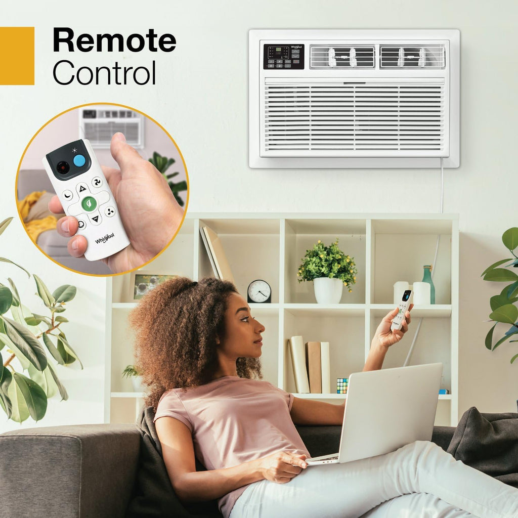 Whirlpool 10,000 BTU 230V Through-the-Wall Air Conditioner with Supplemental Heat, Dehumidifier and Remote, Wall AC Unit for Apartment, Living Room and Medium Rooms up to 450 Square Feet in White