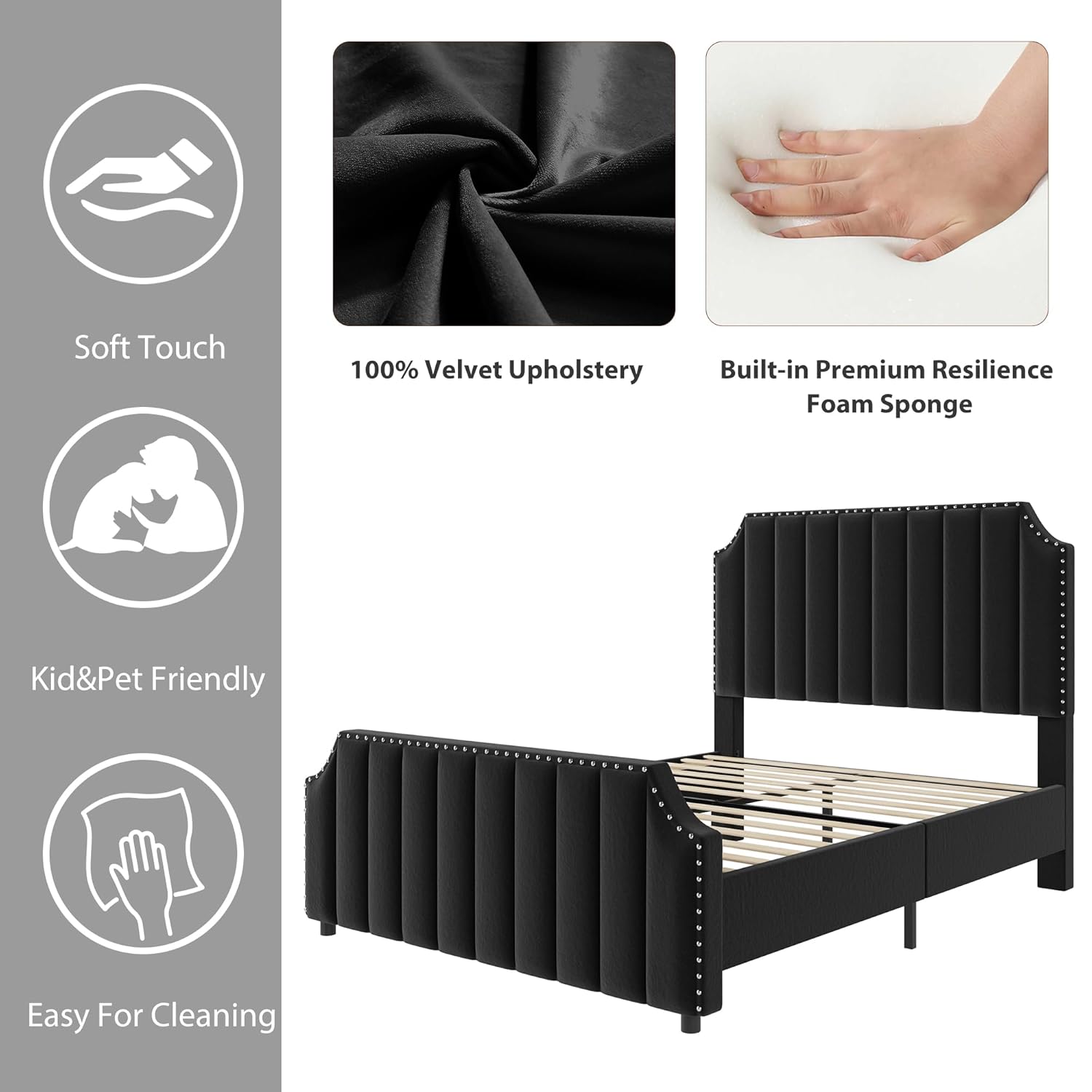 GarveeHome Queen Size Platform Bed Frame with 50.2 in Tall Headboard, Velvet Upholstered Bed Frame Queen with Vertical Channel Tufted Headboard & Footboard, Nailhead Trim, No Box Spring Needed, Black