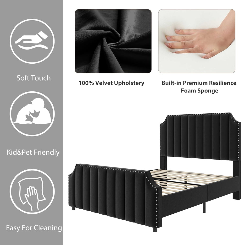 GarveeHome King Size Platform Bed Frame with 50.2 in Headboard, Velvet Upholstered Bed Frame King with Vertical Channel Tufted Headboard & Footboard, Nailhead Trim, No Box Spring Needed, Black