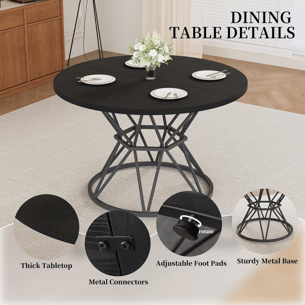 47.24" Round Dining Table Set for 6, 7 Piece Dining Room Table Set, Circle Kitchen Table and Chairs for Dining Room, Living Room, Kitchen, Apartment(Black Table + 6 Black Faux Leather Chairs)