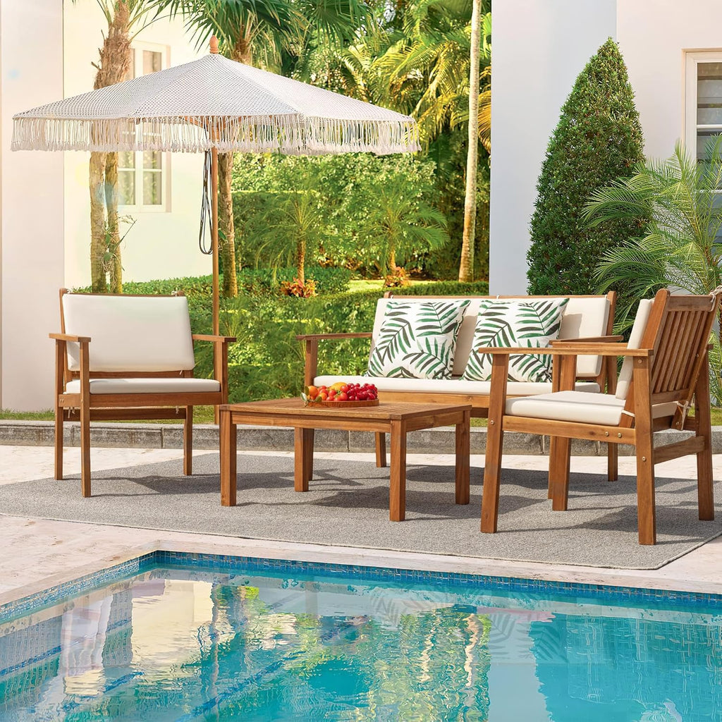 Flamaker Patio Furniture 4 Piece Outdoor Acacia Wood Patio Conversation Sofa Set with Table & Cushions Porch Furniture for Deck  Balcony  Backyard