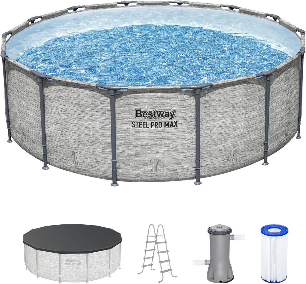 Bestway Steel Pro MAX 14' x 48" Above Ground Pool  Round Metal Frame Outdoor Swimming Pool Set with Filter Pump  Ladder  and Cover  Gray Stone Print