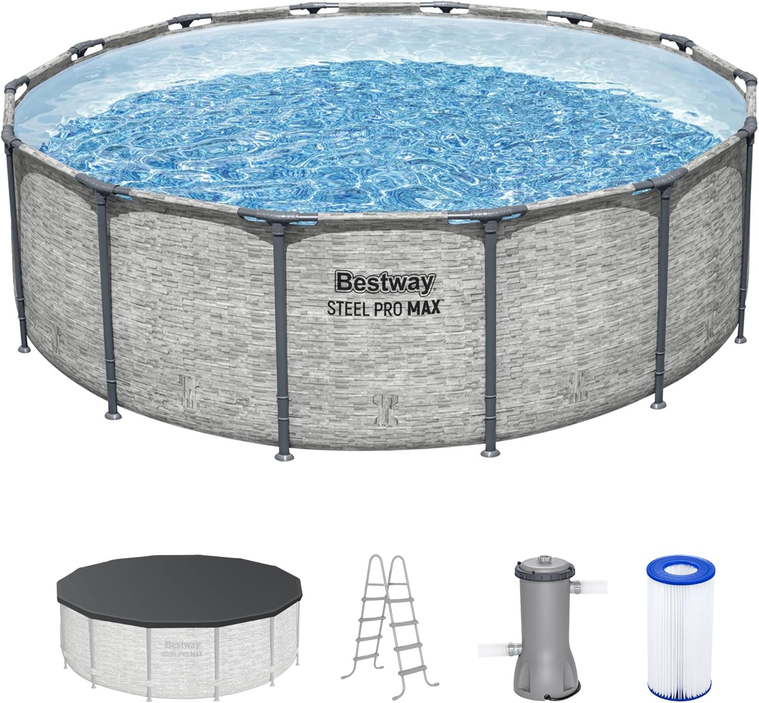 Bestway Steel Pro MAX 14' x 48" Above Ground Pool  Round Metal Frame Outdoor Swimming Pool Set with Filter Pump  Ladder  and Cover  Gray Stone Print