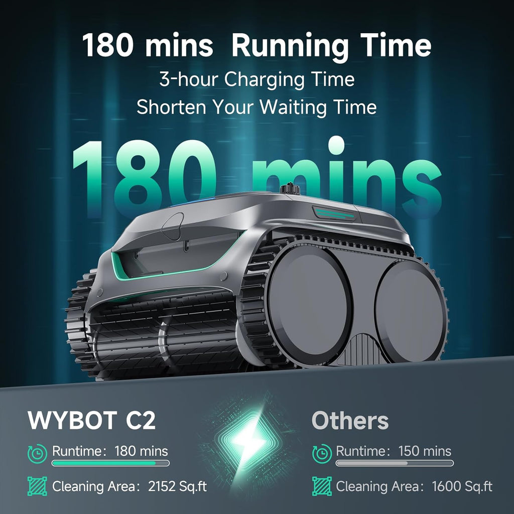 WYBOT C2 Cordless Robotic Pool Cleaner  Dual Filtration  Pool Vacumm Robot for Wall & Waterline Cleaning  Up to 180 Mins Runtime & Scheduling  Smart Navigation  for Inground/Above-Ground Pools