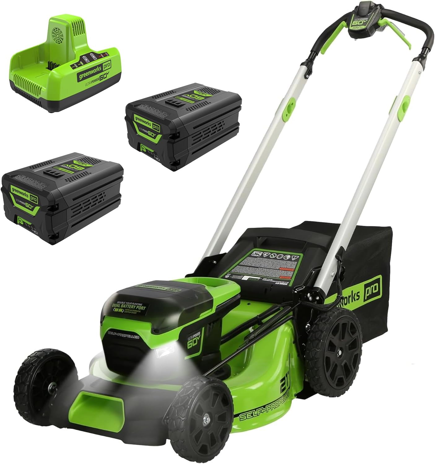 Greenworks 60V 21" Self-Propelled Cordless Lawn Mower  Brushless Motor  LED Lights  Includes 2X 4.0Ah Batteries & Rapid Dual-Port Charger(75+ Tool Compatibility  45Min Runtime)