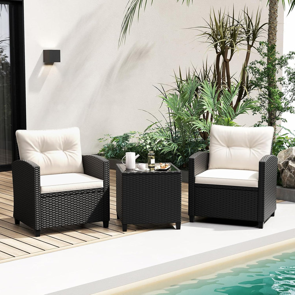 Tangkula 3 Piece Patio Furniture Set  Rattan Conversation Set w/Soft Seat & Back Cushions  Tempered Glass Topped Coffee Table  Cushioned Wicker Seating Set for Backyard  Porch  Poolside (Off White)