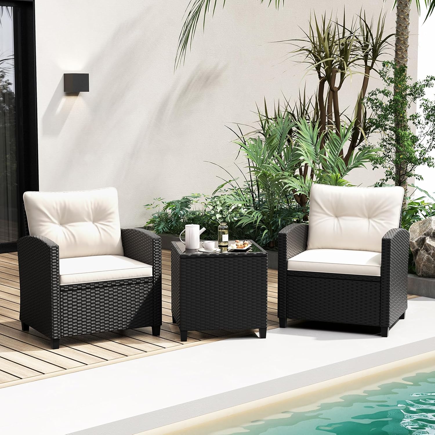 Tangkula 3 Piece Patio Furniture Set  Rattan Conversation Set w/Soft Seat & Back Cushions  Tempered Glass Topped Coffee Table  Cushioned Wicker Seating Set for Backyard  Porch  Poolside (Off White)