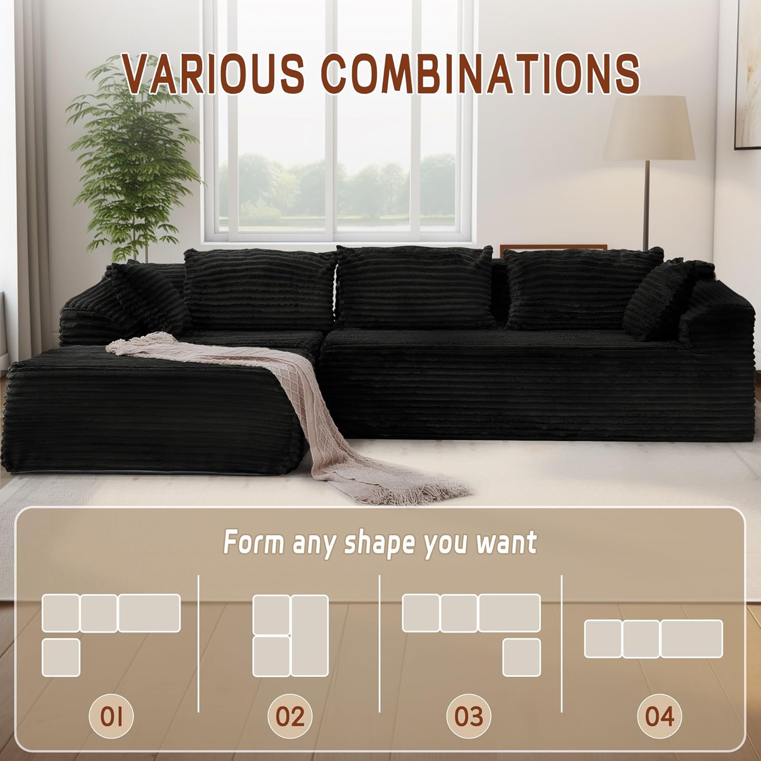 110" L-Shaped Modular Sectional Sofa with Chaise, Boneless Comfy Corduroy Fluffy Couch with Deep Seat and Side Pockets, Flexible Module Combination for Living Room, No Assembly, Side Pockets
