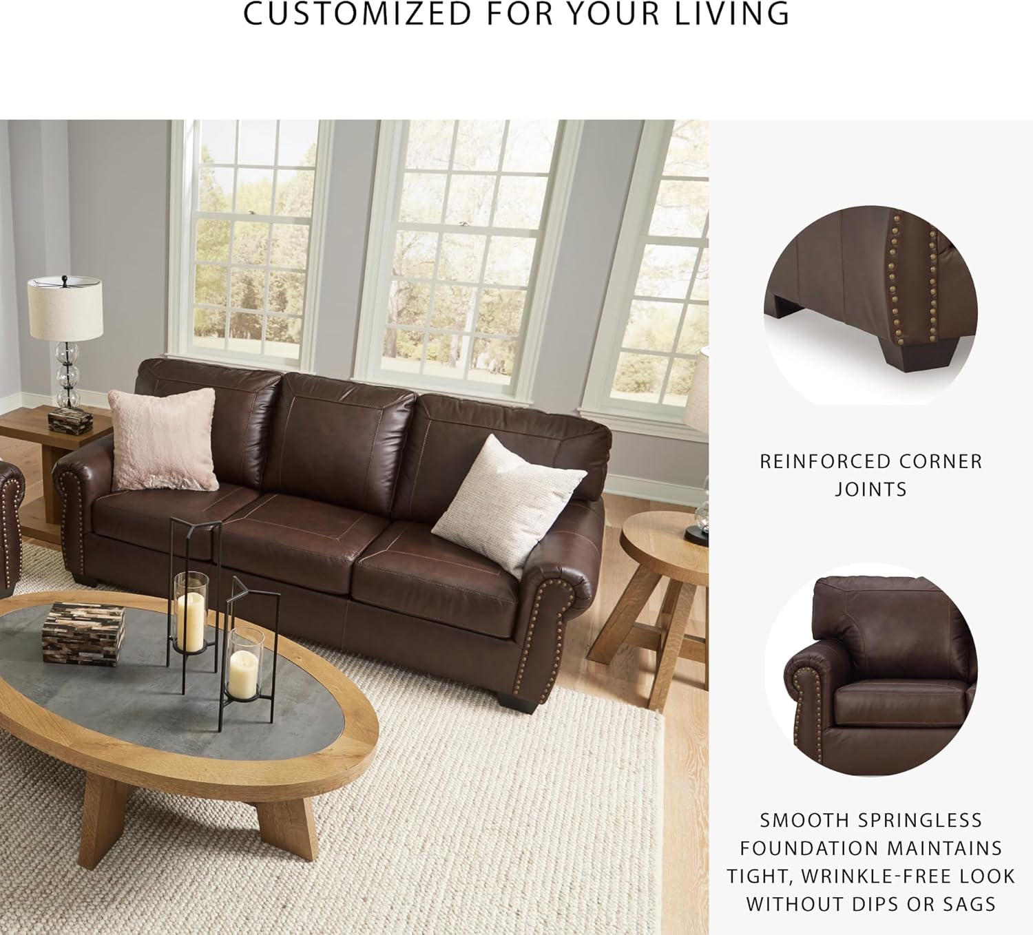 Signature Design by Ashley Colleton Classic Leather Match Sofa with Nailheads, Dark Brown