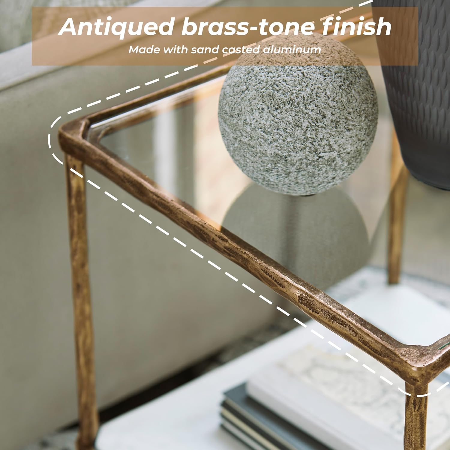 Signature Design by Ashley Ryandale | Contemporary Accent Table – Glass Top, Aluminum Frame & Marble Shelf, Antique Brass Finish