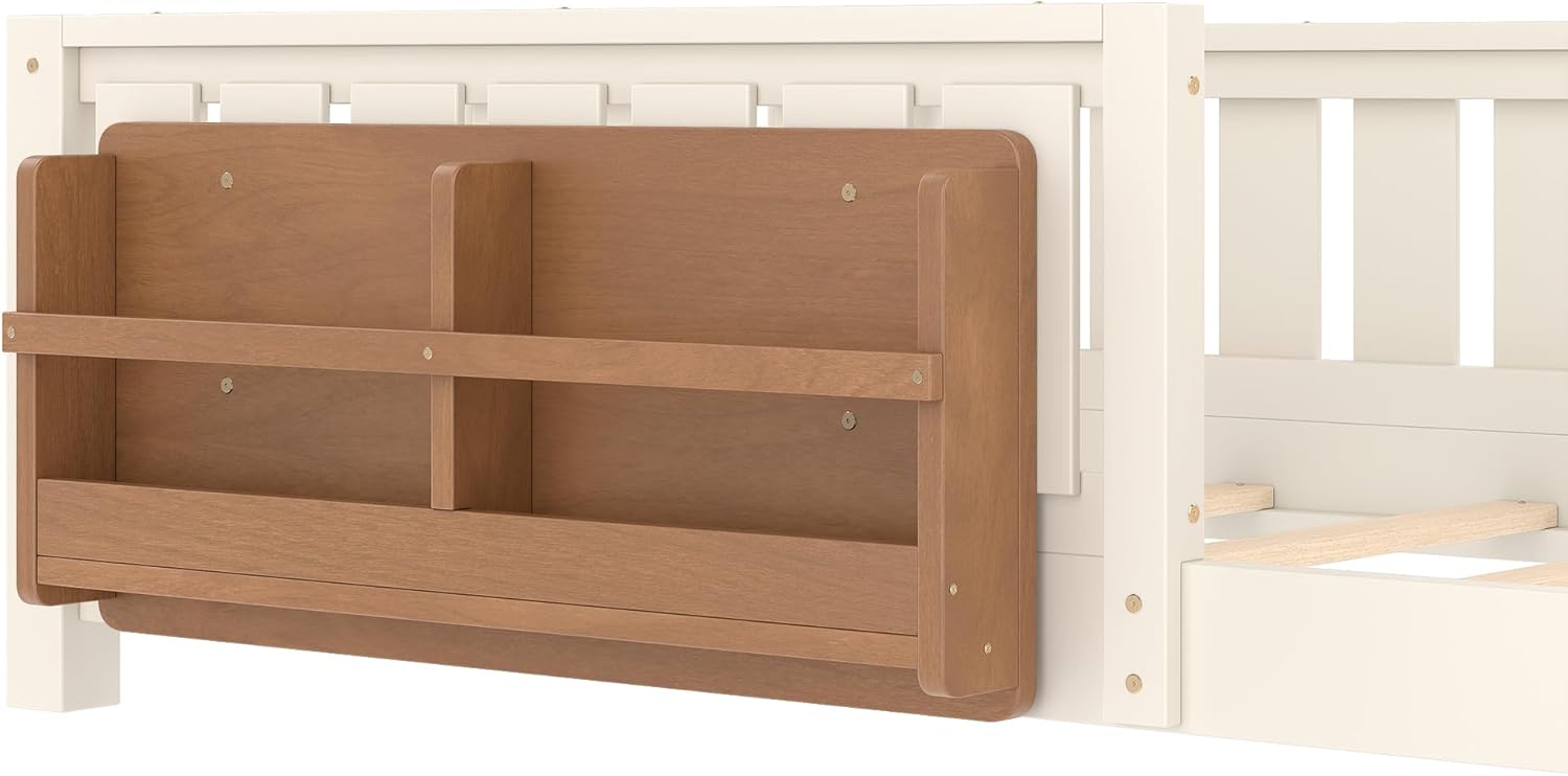 Bellemave Twin Size Kids Montessori Floor Bed Frame with Bookshelf and Guardrail,Solid Wood Floor Bed Frame with Slats for Girls Boys,Low-Profile,Beige