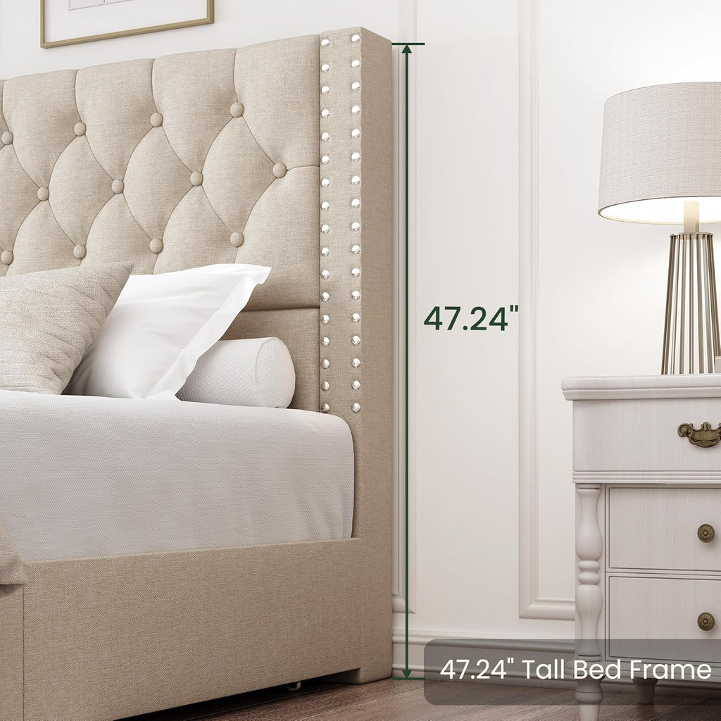LARMACE King Size Bed Frame with 4 Storage Drawers and Tufted Headboard Linen Upholstered Platform Bed Frame with Heavy Duty Wood Slats, No Box Spring Needed, Easy Assembly, Beige