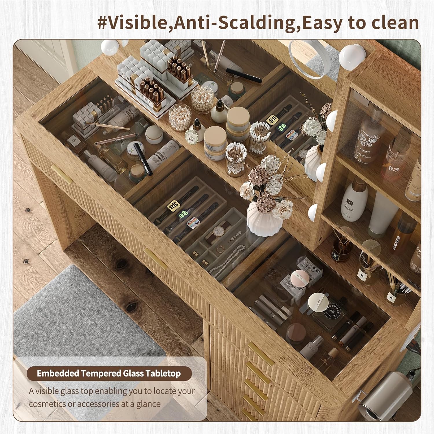 47" Fluted Vanity Desk with Mirror & LED Lights, 7-Drawer Makeup Vanity with Glass Top & Cabinet, Vanity with Chair & Charging Station, 3 Lighting Modes, for Bedroom, Natural Oak