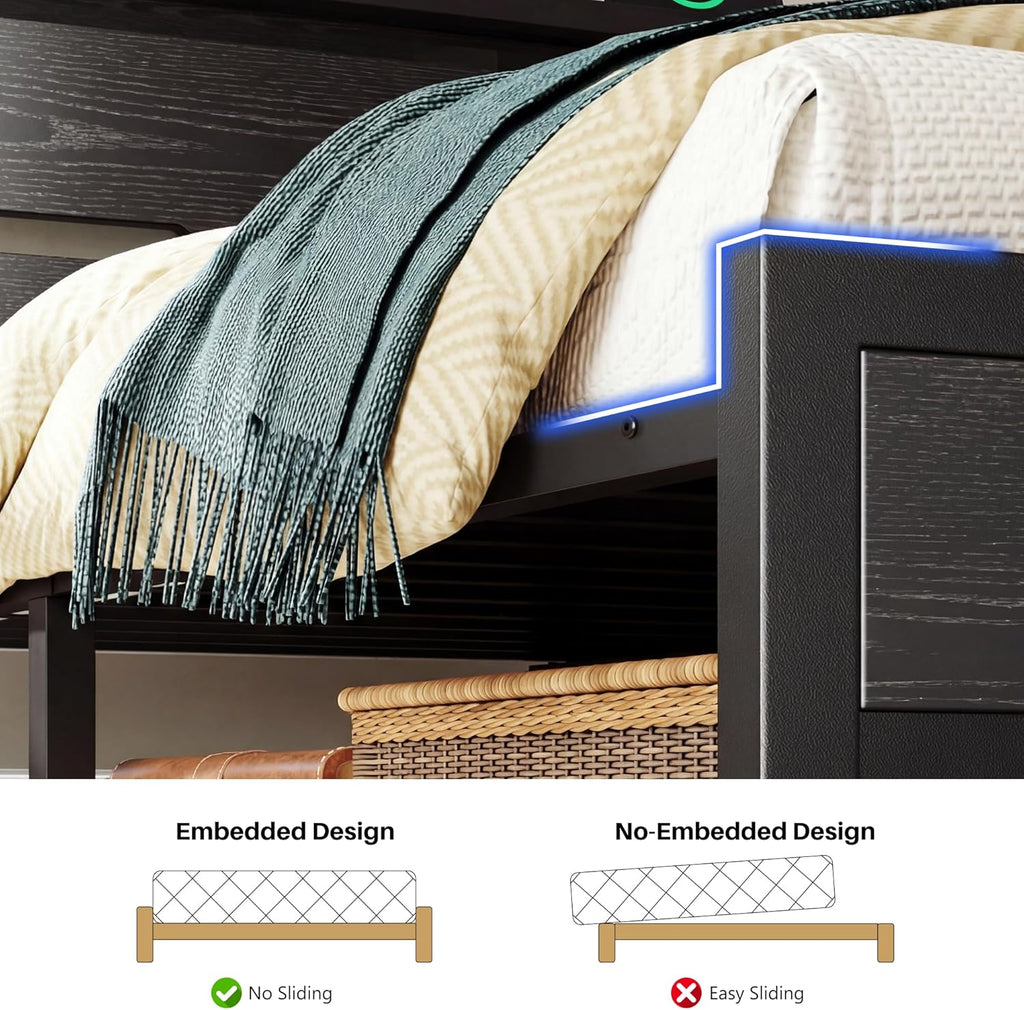 Queen Bed Frame with LED Lights & Charging Station, Bed Frame Queen Size with Headboard,13" Under Bed Storage, Noise-Free Heavy Duty Metal Support, Modern Black