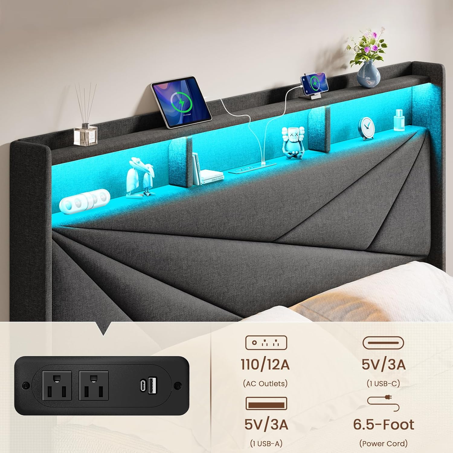 Queen Bed Frame with 2-Tier Storage Headboard, Upholstered Bed Frame Queen Size with 2 Drawers, Charging Station and LED Lights, No Box Spring Needed, Easy Assembly - Dark Grey