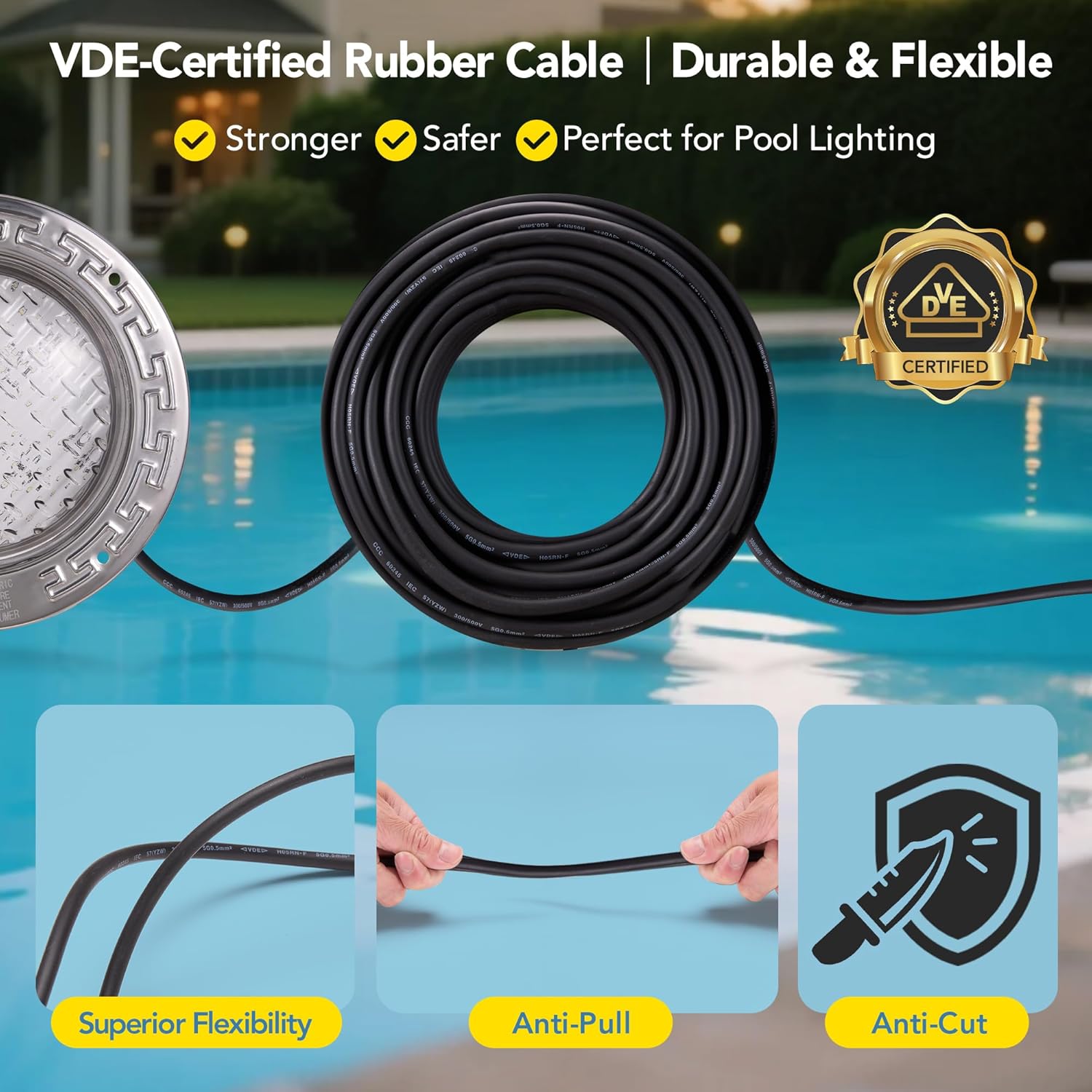 HQUA PN01DC LED Inground Pool Lighting System RGBW Color Change 10 Inch 50W  Remote/App Control  120V AC  100 Feet Cord