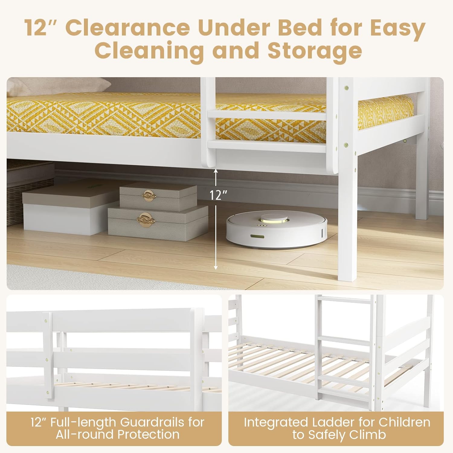 DORTALA Twin Over Twin Bunk Bed, Rubber Wood Convertible Wood Bunk Bed with Ladder Guardrail, Safety High Guardrail, Solid Wood Frame, Practical Morden Bunk Beds for Home, Dorm, Apartment, White