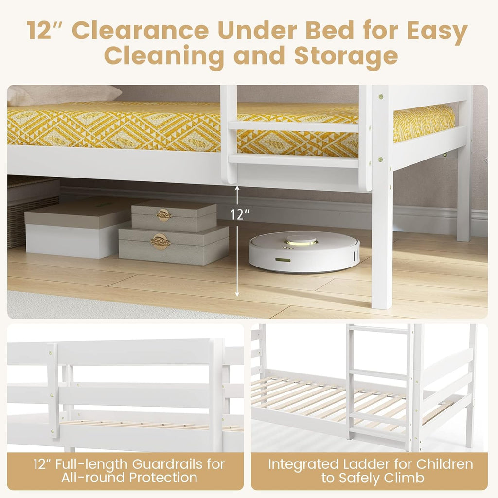 KOMFOTT Bunk Bed Twin Over Twin, Bunk Bed Frame w/Full-Length Guardrail & Integrated Ladder, Wood Bunk Bed for Small Space, Converts to 2 Individual Beds for Kids & Adults, No Box Spring Needed