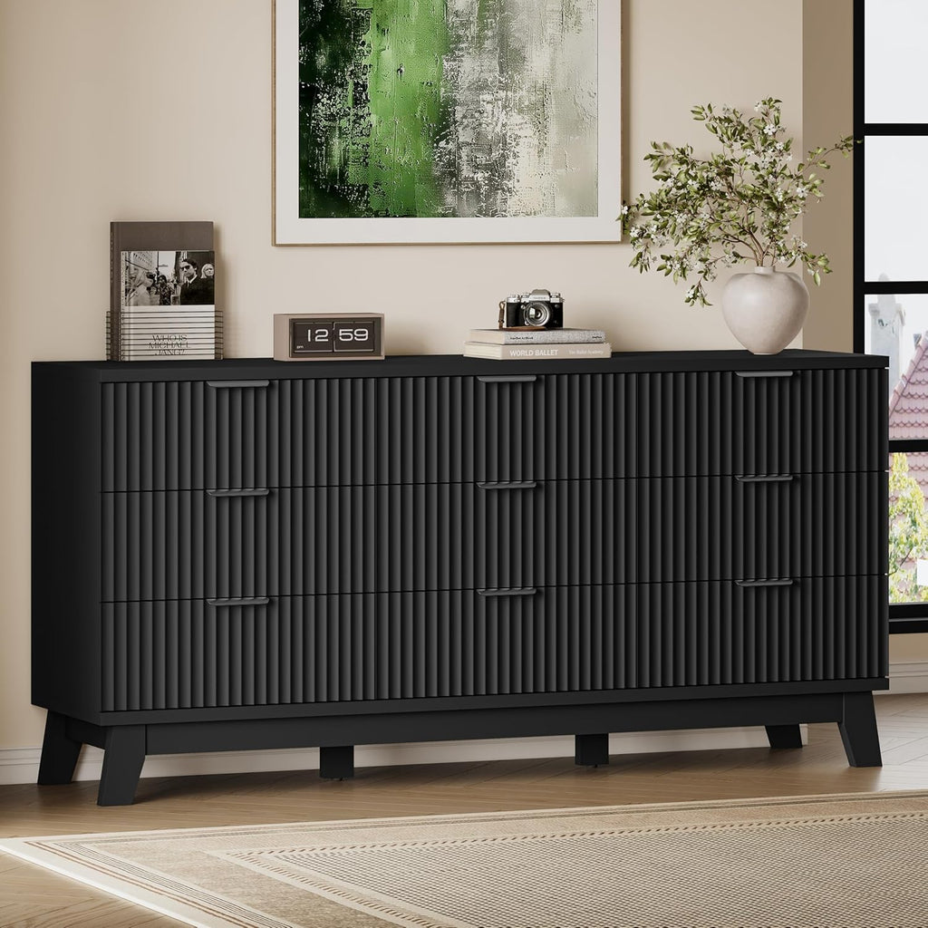 63" Long Dresser for Bedroom, 9-Drawer Fluted Dresser, Extra-Wide Wood Chest of Drawers with Smooth Metal Slides, Stable Base, Modern Clothes Storage Cabinet for Living Room, Hallway, Nursery