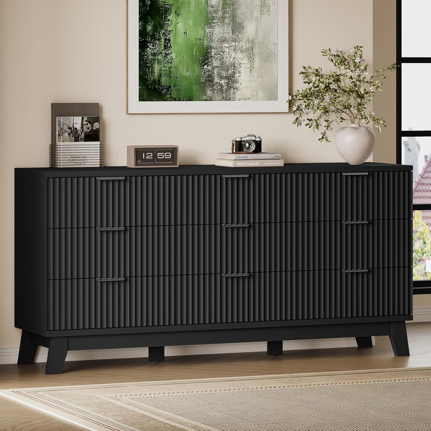 63" Long Dresser for Bedroom, 9-Drawer Fluted Dresser, Extra-Wide Wood Chest of Drawers with Smooth Metal Slides, Stable Base, Modern Clothes Storage Cabinet for Living Room, Hallway, Nursery