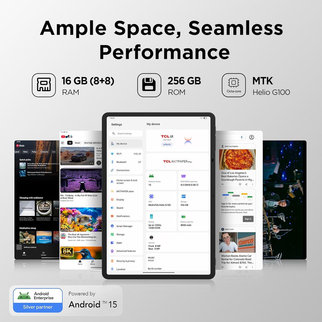 TCL NXTPAPER 11 Plus Android Tablet  11.5" 120Hz 2.2K Drawing Pad & Digital Notebook  Stylus Included  NXTPAPER 4.0 Display  AI Tools  8+8GB RAM  256GB Storage  8000mAh Battery  Onyx Black