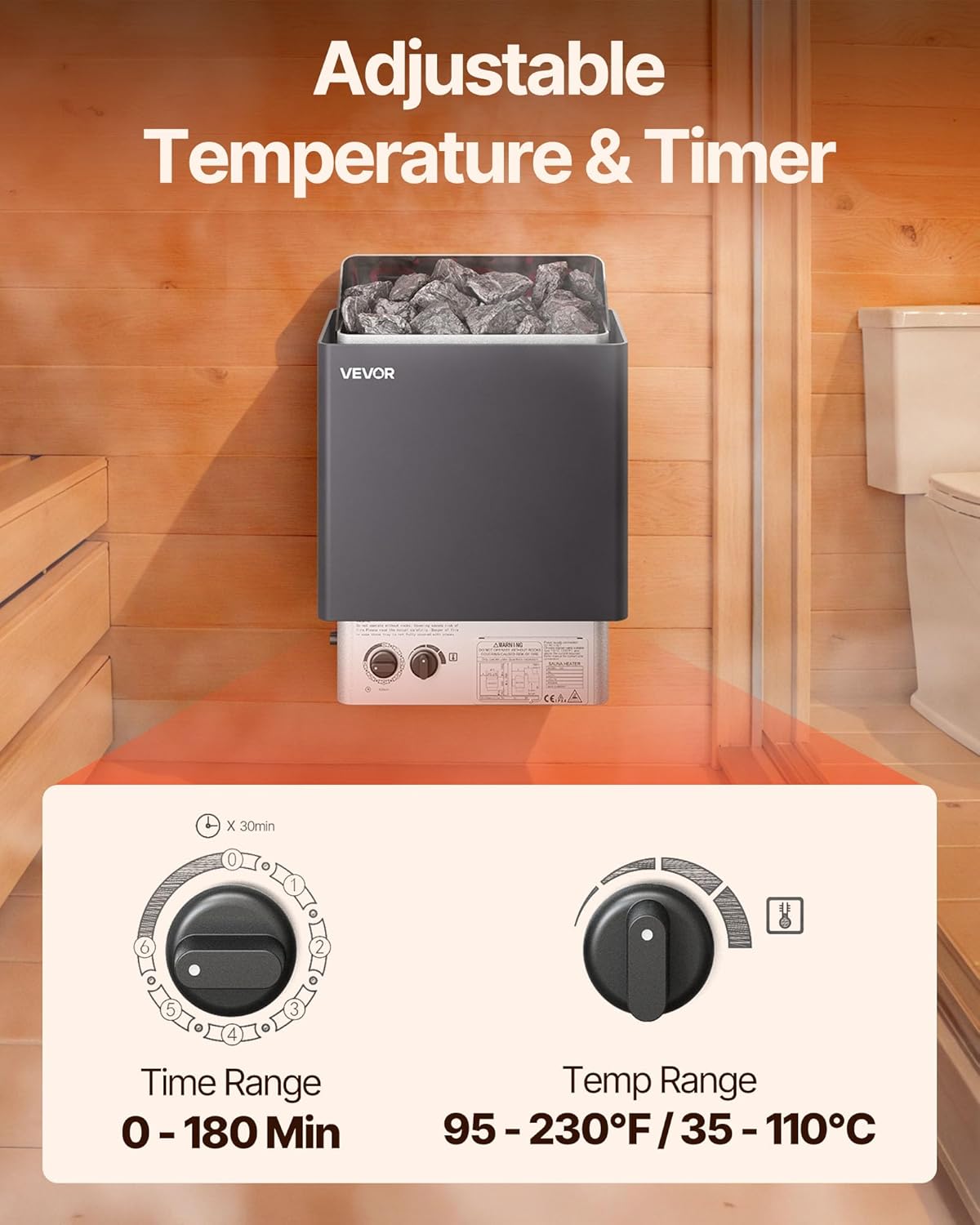 VEVOR Sauna Heater 220V Electric Sauna Stove  Steam Bath Sauna Heate 3h Timer and Adjustable Temp for Max. 176-318 Cubic Feet  Home Hotel Spa Shower Use (6KW) FCC Certification