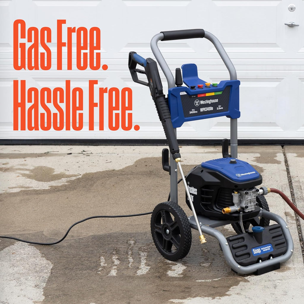 Westinghouse WPX3400e Electric Pressure Washer  3400 Max PSI and 2.0 Max GPM  Brushless Motor  Onboard Soap Tank  Spray Gun and Wand  5 Nozzle Set  for Cars/Fences/Driveways/Homes/Patios/Furniture