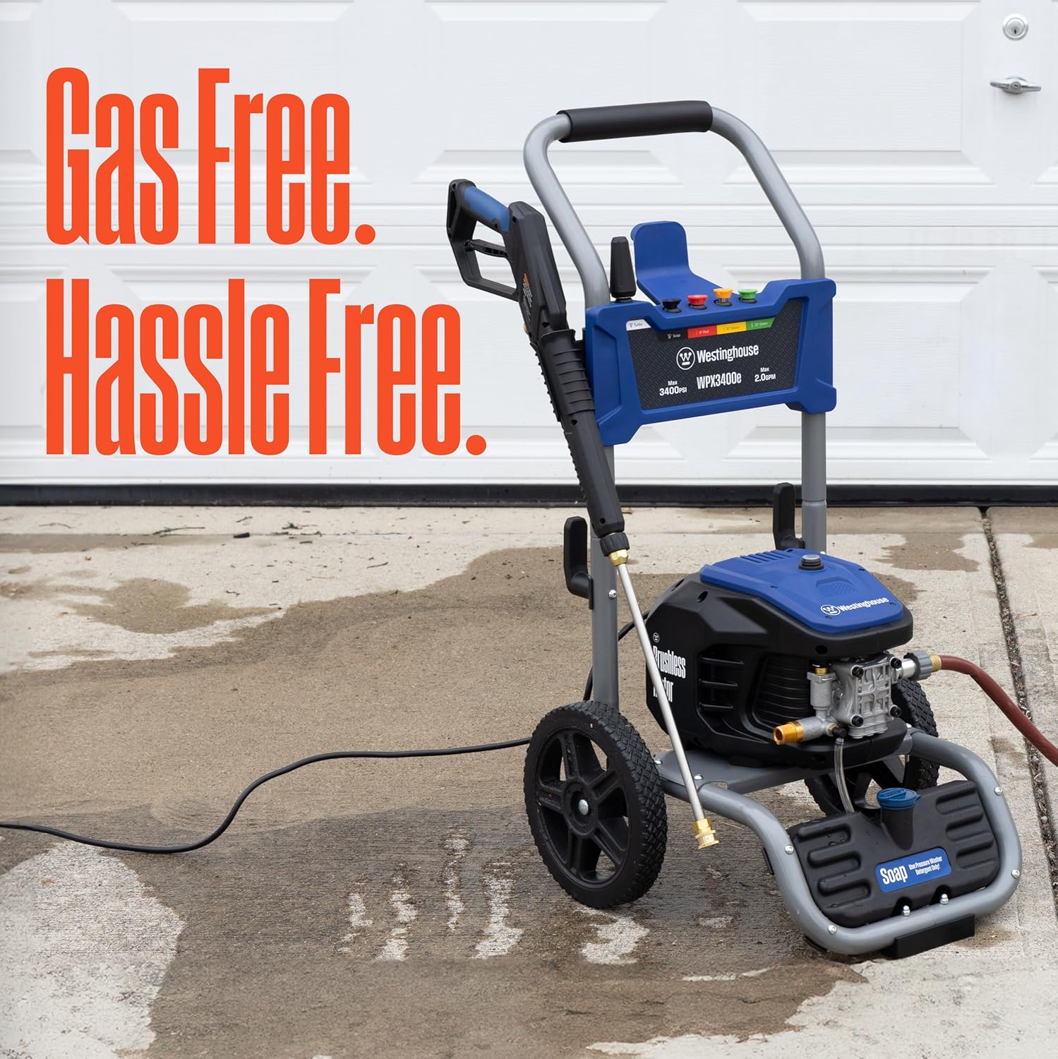 Westinghouse WPX3400e Electric Pressure Washer  3400 Max PSI and 2.0 Max GPM  Brushless Motor  Onboard Soap Tank  Spray Gun and Wand  5 Nozzle Set  for Cars/Fences/Driveways/Homes/Patios/Furniture