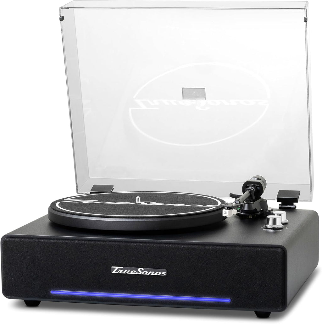Hi-Fi Record Player with Speakers | Premium Vinyl Turntable with Bluetooth Capability | Built-in 4-Speaker Stereo System for Music Fans  Black Veneer + Silver Trim
