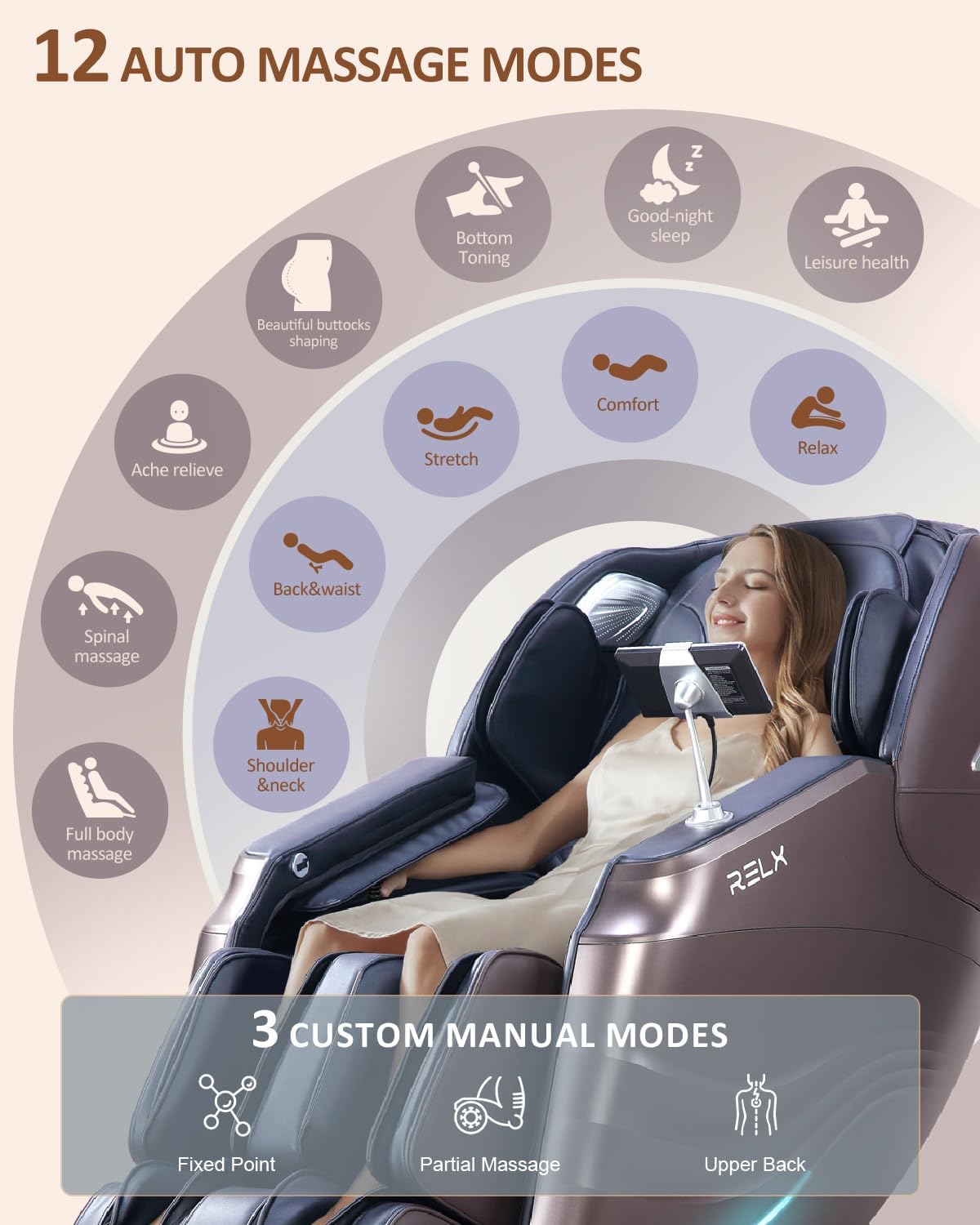 RELX Massage Chair Full Body  15 Modes Zero Gravity SL-Track Shiatsu Massage Chair Built-in Heat System  Airbag Massage with Body Scan  Deep Yoga Stretch  Calfrest Extension and AI Control(Brown)