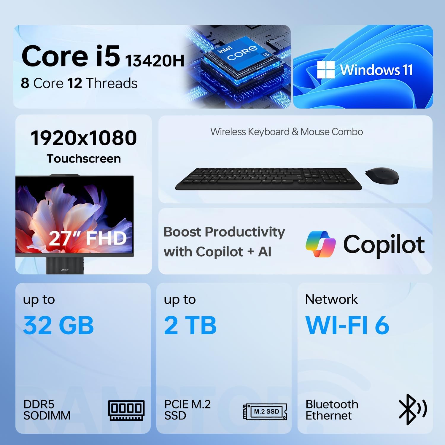Lenovo IdeaCentre I Premium Business All-in-One  Next Gen AI  27" FHD Touchscreen 100Hz  i5-13420H  32GB DDR5 RAM  1TB SSD  Wi-Fi 6  Wireless KB &M  W11H  Bundle with ADATA 64GB USB Flash Drive