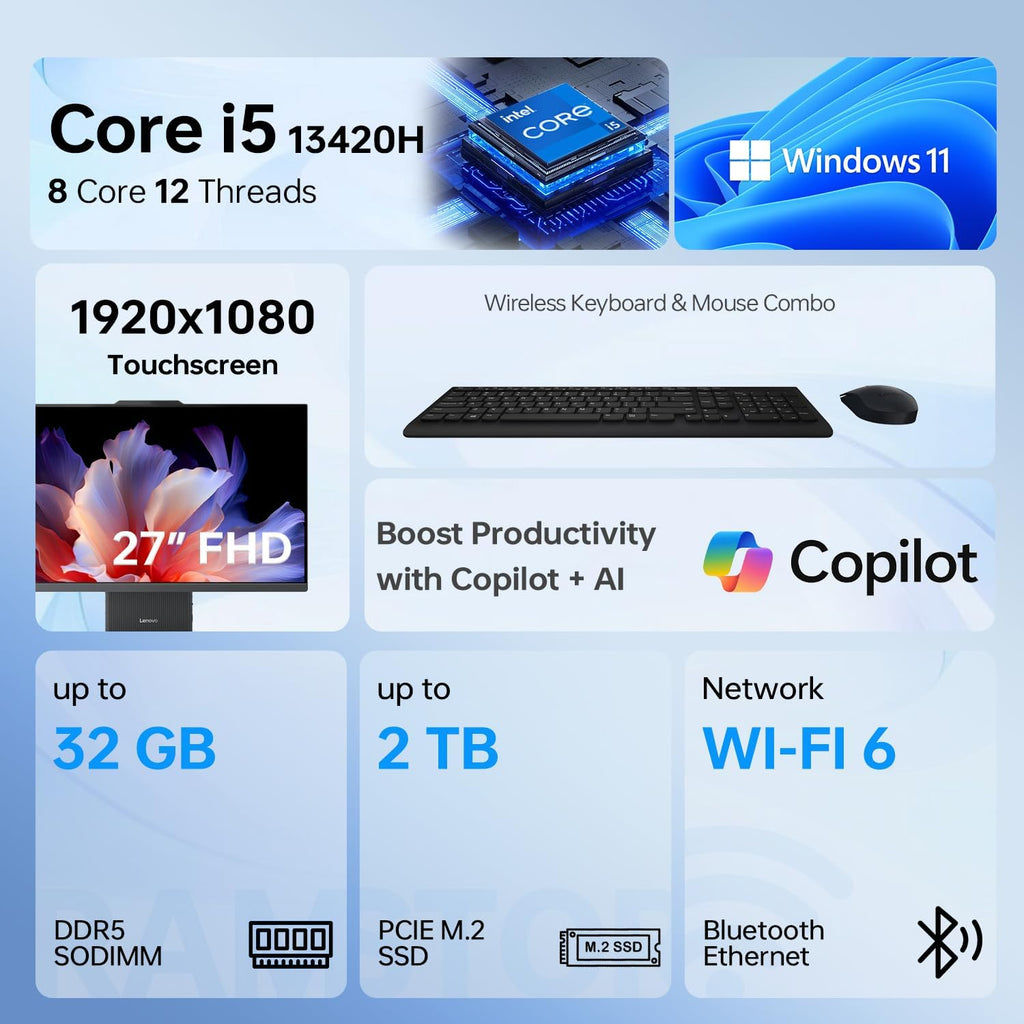 Lenovo IdeaCentre I Pro Business All-in-One  Next Gen AI  27" FHD Touchscreen 100Hz  i5-13420H  16GB DDR5 RAM  1TB SSD  Wi-Fi 6  Webcam  Wireless KB &M  Bundle with ADATA 64GB USB Flash Drive