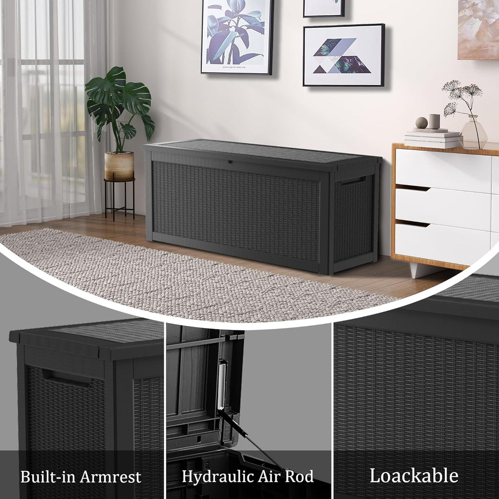 TARKARI 320 Gallon Lockable Resin Deck Box  Waterproof & UV-Resistant Outdoor Storage Box for Outdoor Cushion Storage  Garden Tools & Pool Accessories Storage  Black