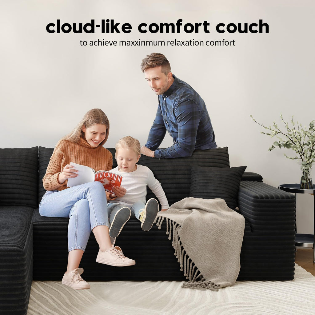 107.5" Cloud Modular Sectional Sofa with 1 Ottoman,Modern Minimalist Upholstered Couches, Comfort U Shaped Sofa for Living Room,Deep Seat Corner Couch .No Assembly Required (Black,Left Facing Chaise)