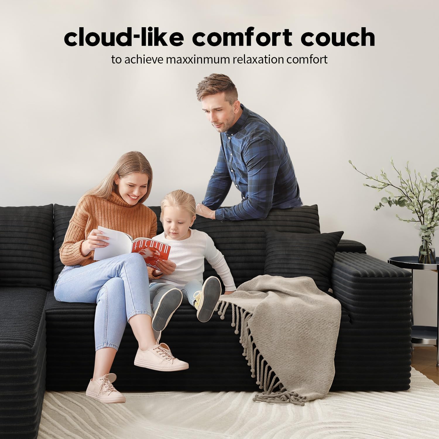 139.4" Modular Sectional Sofa Couch, Oversized U-Shaped Minimalist Couches with 2 Ottomans Chaise and 2 Middle Seats, Modern Deep Seat Cloud Plush Corduroy Sofas Set for Living Room, 8 Seater, Black