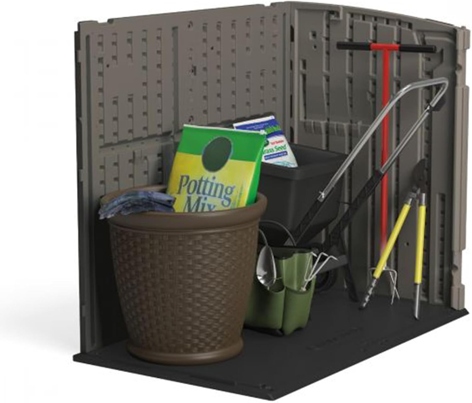 Suncast 34 Cu Ft Horizontal Resin Storage Shed - Outdoor Storage Shed with Floor Included  Lockable  Weatherproof  Fits Small to Medium Trash Cans  Generators  & Garden Tools  Stoney Black