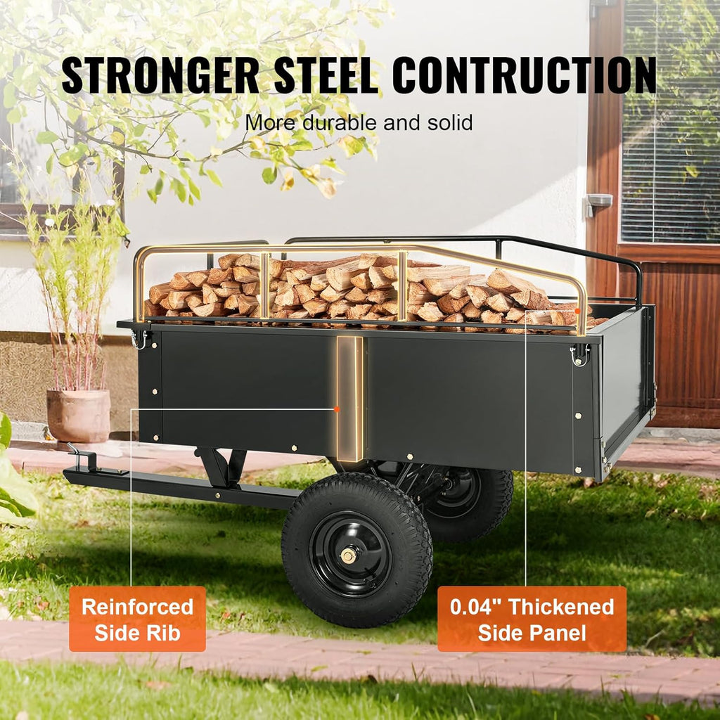 VEVOR Heavy Duty ATV Trailer Steel Dump Cart  750 lbs 15 Cubic Feet  Garden Utility Trailer Yard Trailers with Removable Sides for Riding Lawn Mower Tractor